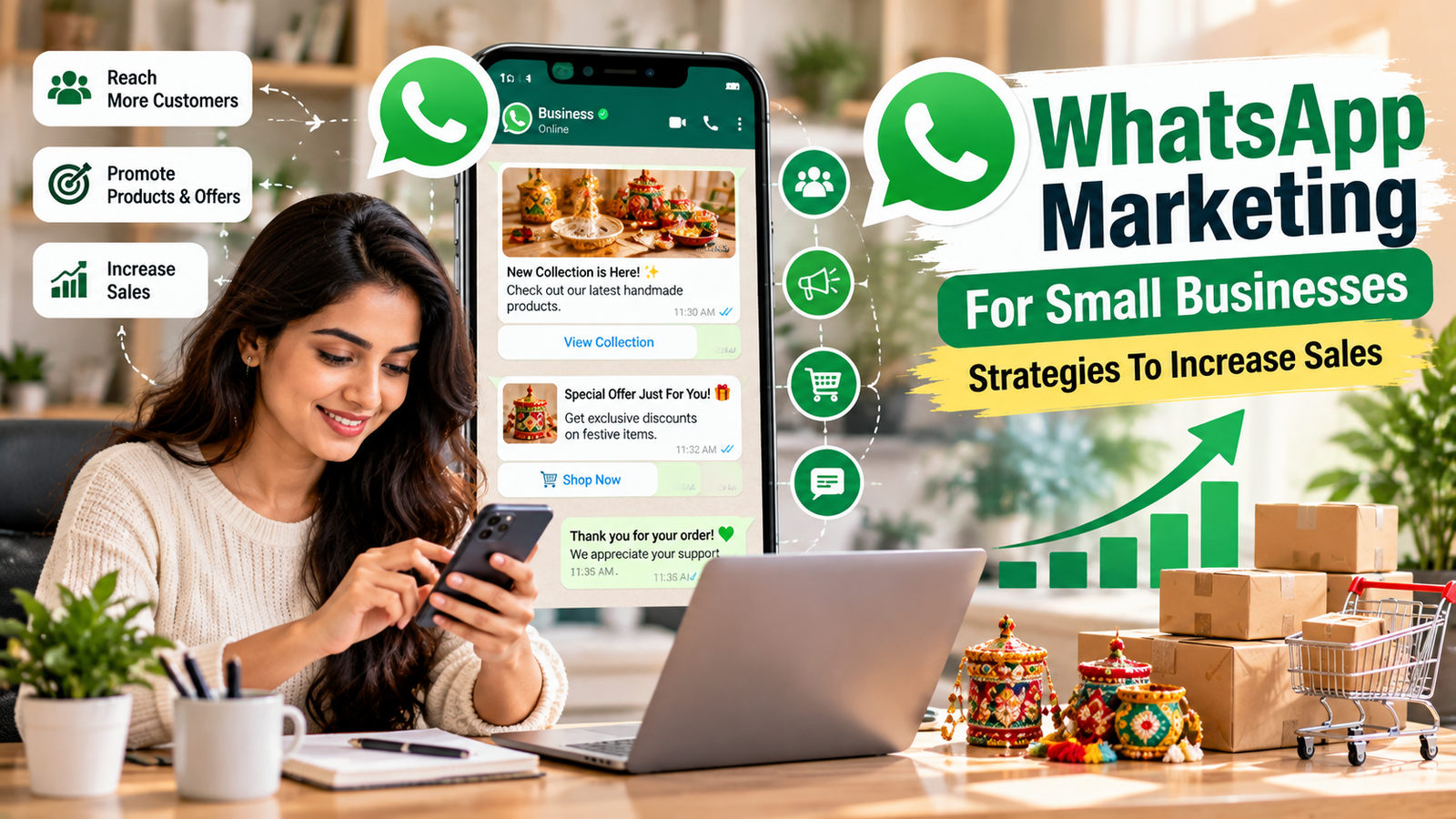 Small business owner using WhatsApp Business marketing to promote products, share special offers, communicate with customers, increase engagement, and grow online sales.