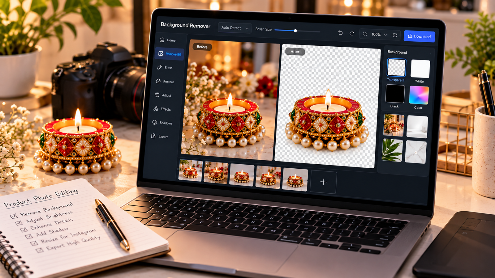 "Laptop displaying an AI background remover with before-and-after photos of a handmade decorative diya, transparent checkerboard preview, and photo editing tools."