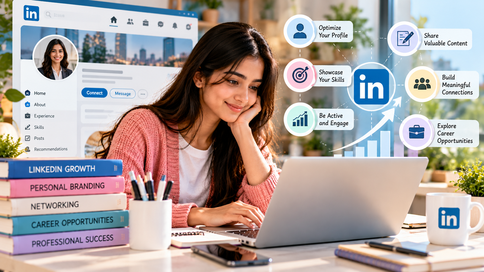 Young professional building a strong LinkedIn personal brand by optimizing her profile,