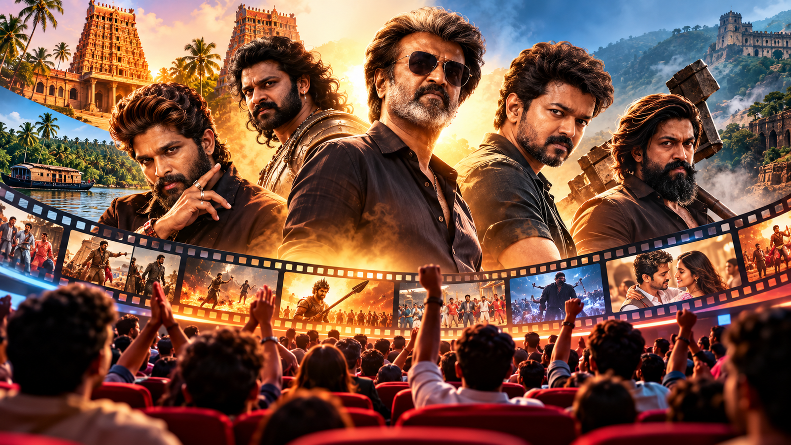 South Indian cinema stars featured in an action movie-inspired collage with enthusiastic cinema audiences, highlighting the growing popularity of Tamil, Telugu, Malayalam, and Kannada films.